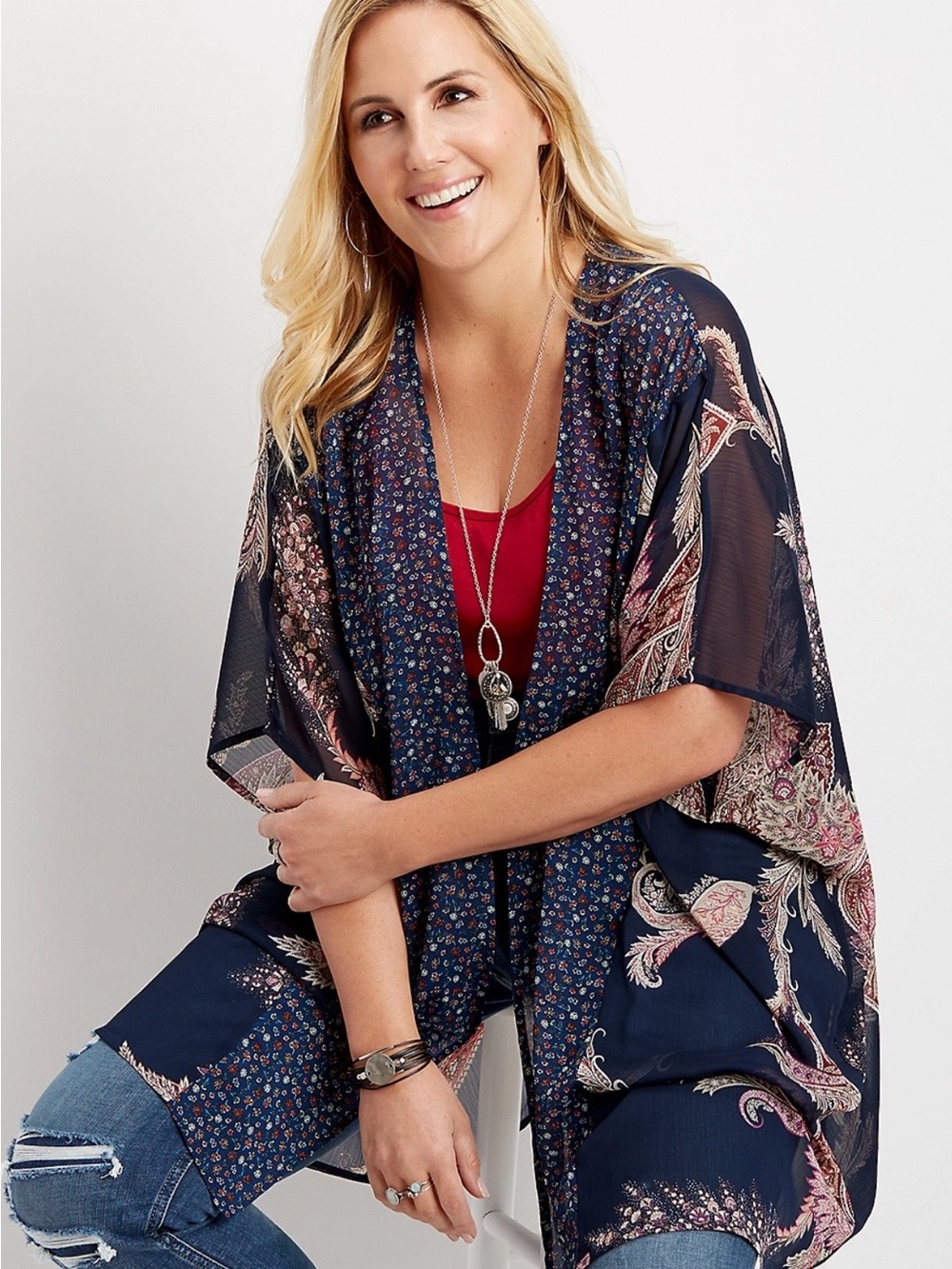 Maurices Navy Floral Open-Front Lightweight Cover-Up